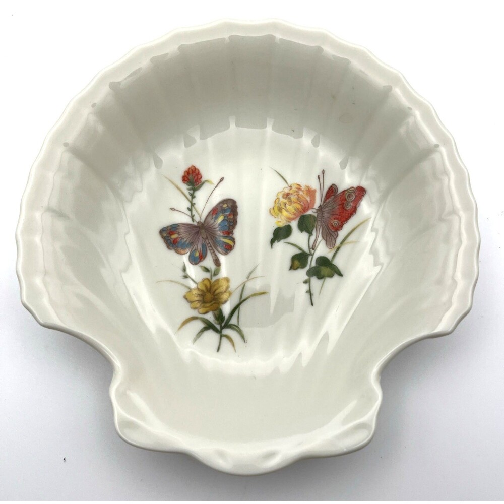Vtg Takahashi DEW Scalloped Shell Trinket Catchall Dish Floral Butterfly Japan